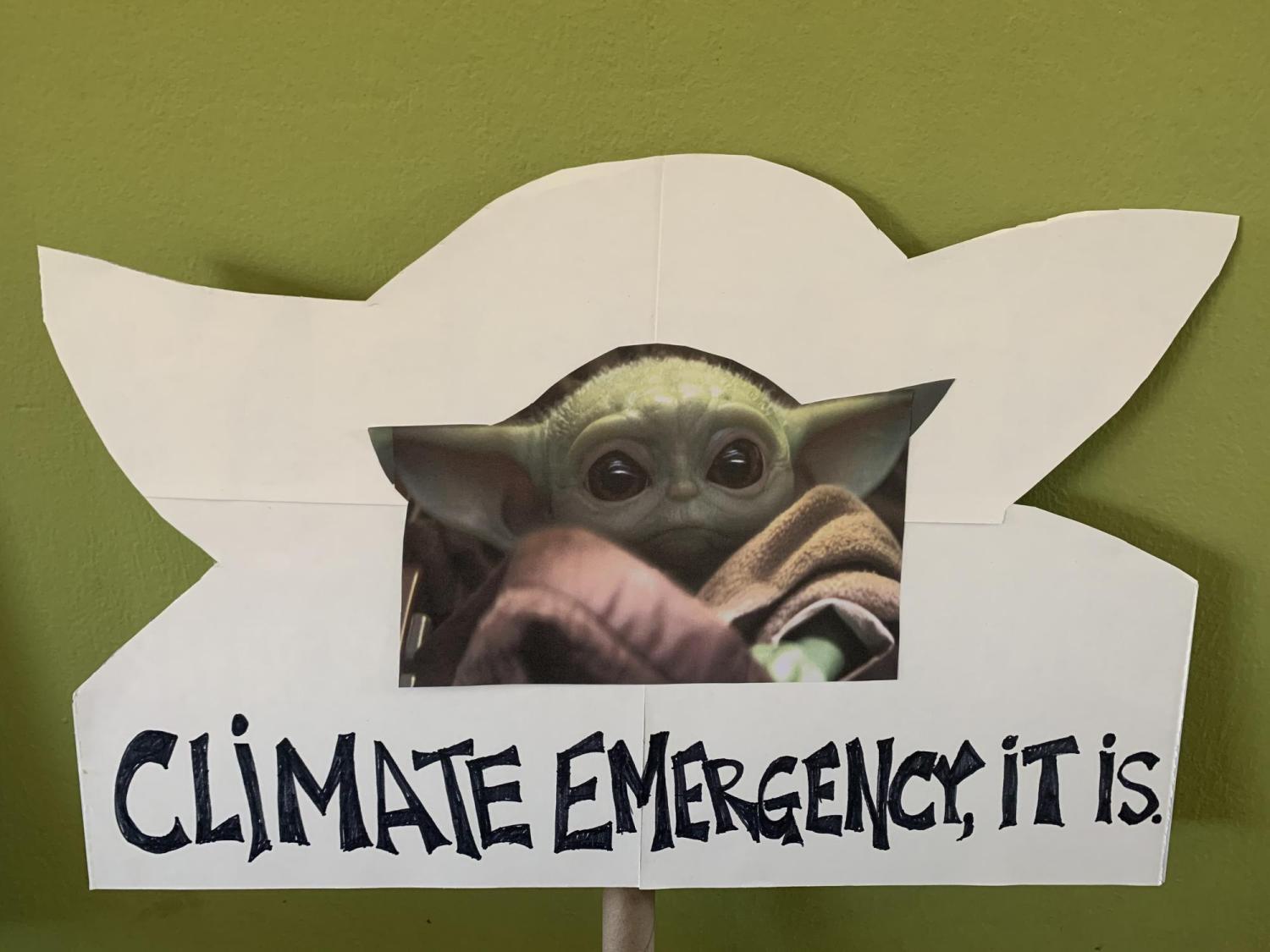 Protest sign stating "Climate emergency, it is" with a photo of baby yoda.