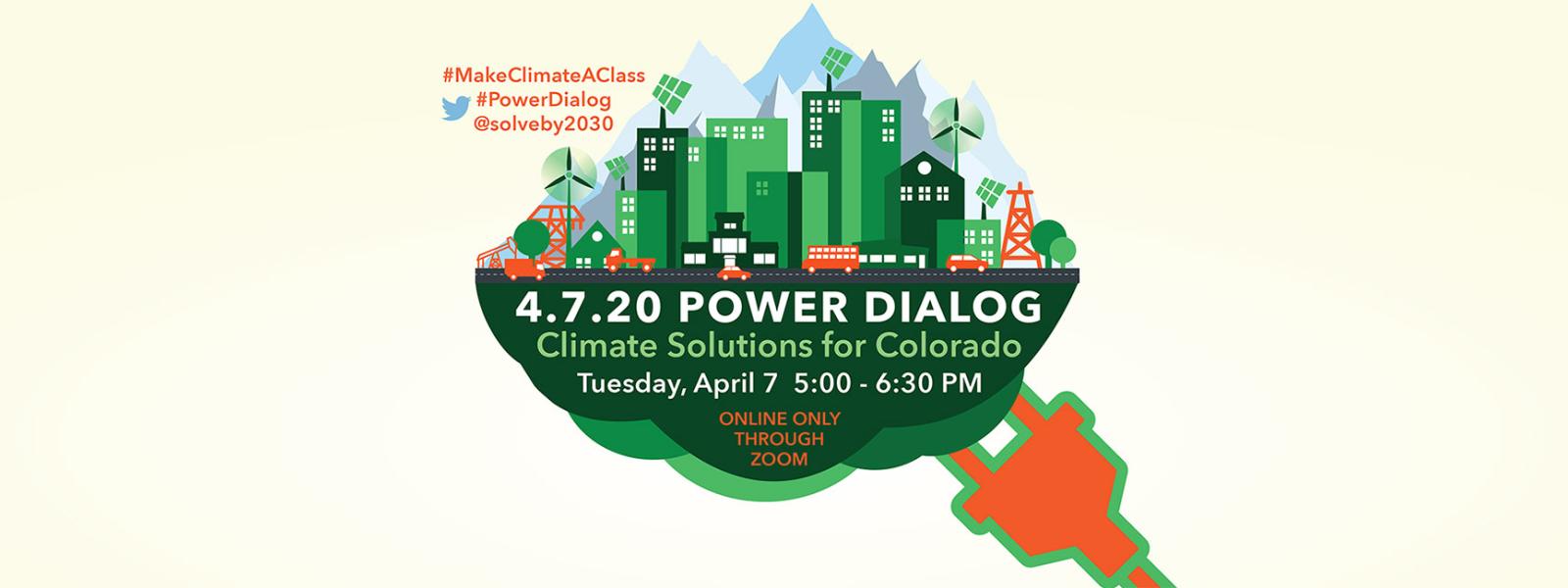 Icon of a city with an electric plug going into it's grassroots. Announcement of an event.