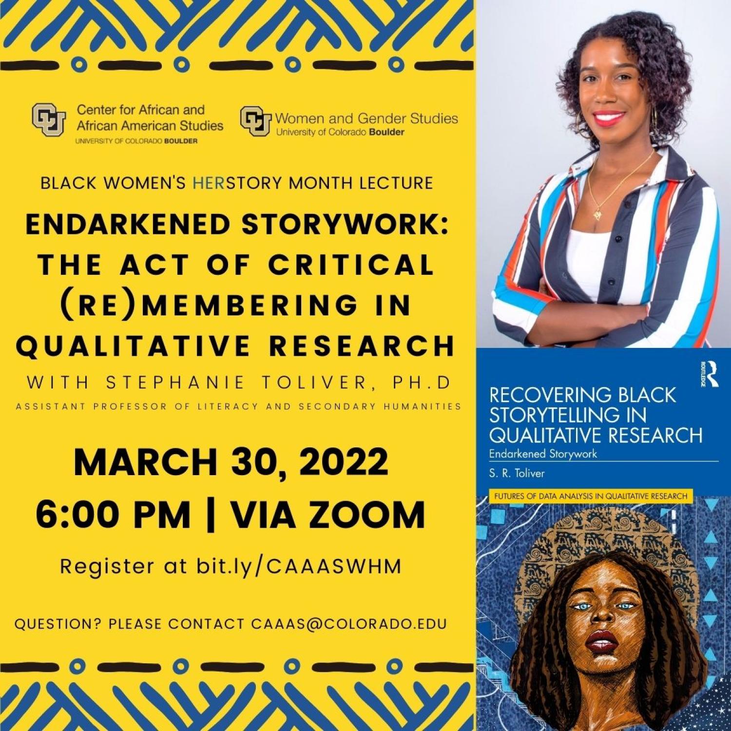 Flyer with event details, Dr. Toliver and her book cover.