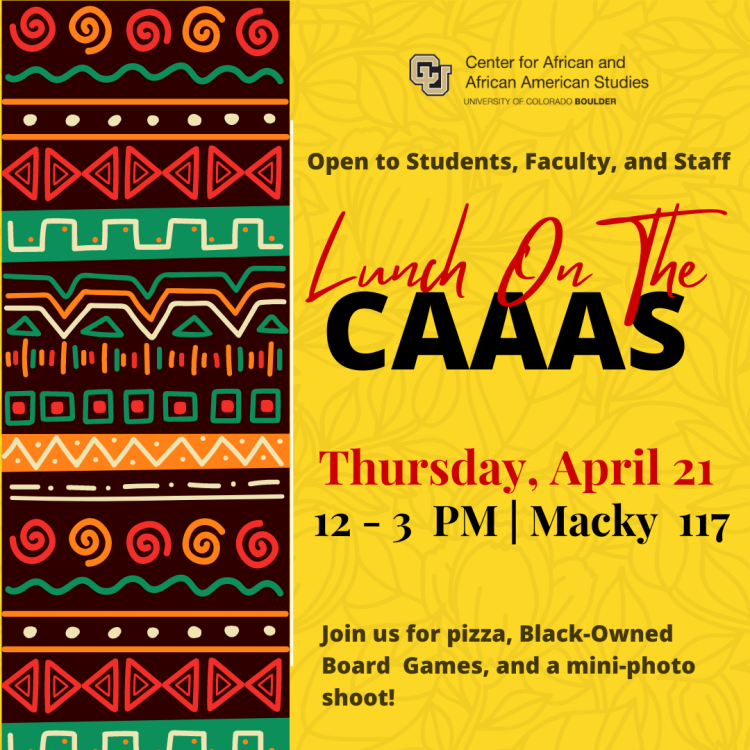 Flyer with multicolor geometric shapes on the left and Lunch on the CAAAS details on the right.