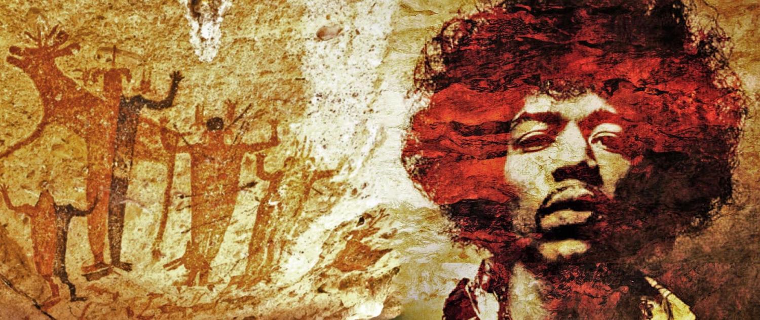 A photo collage of cave paintings with a portrait of Jimi Hendrix.