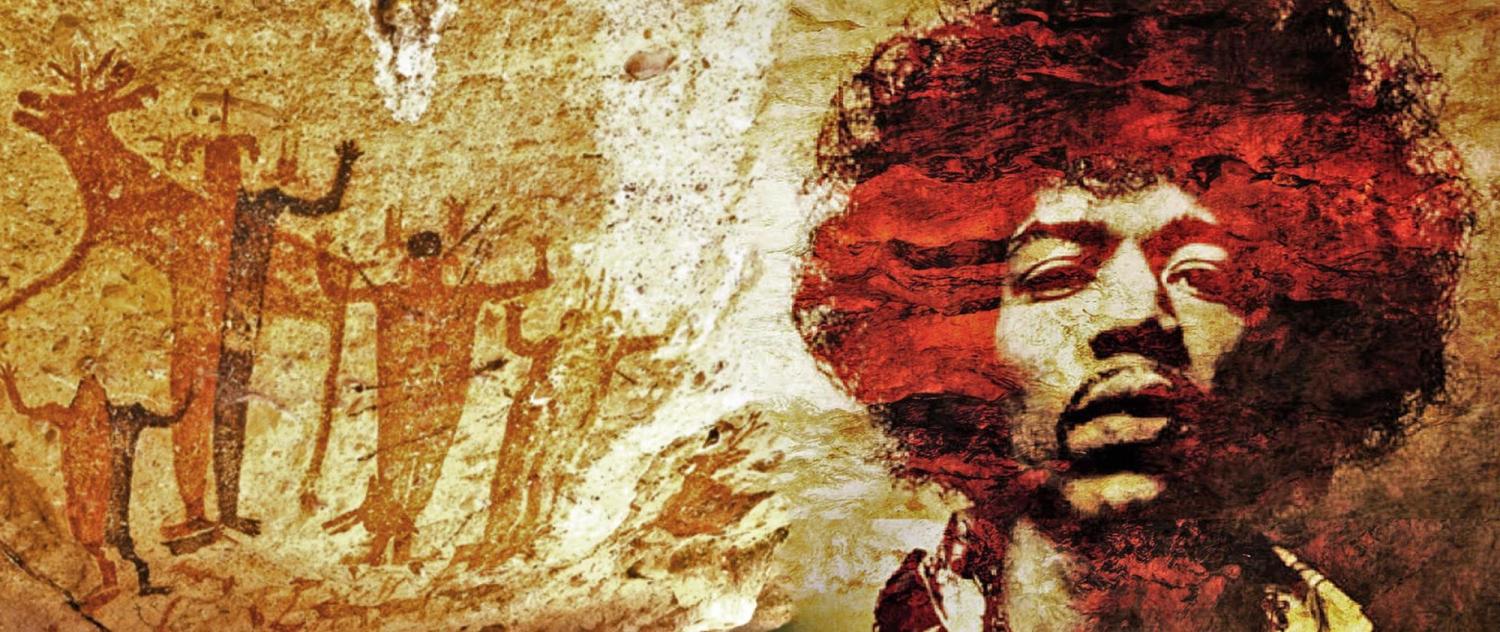 A collage of cave paintings and Jimi Hendrix.
