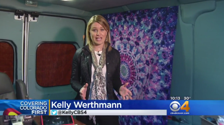 Kelly Werthmann "Covering Colorado First" inside Mobile Lab CBS4 tv news still