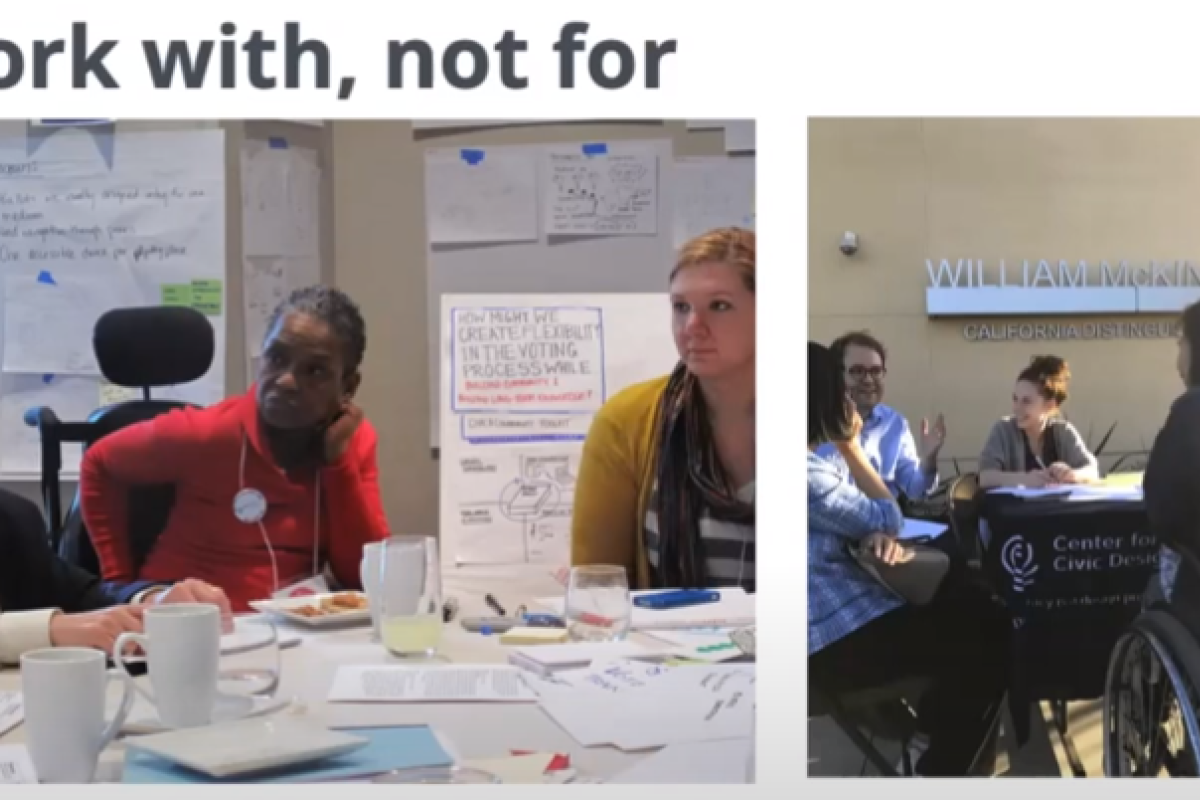 Two images showing people at design-thinking workshops