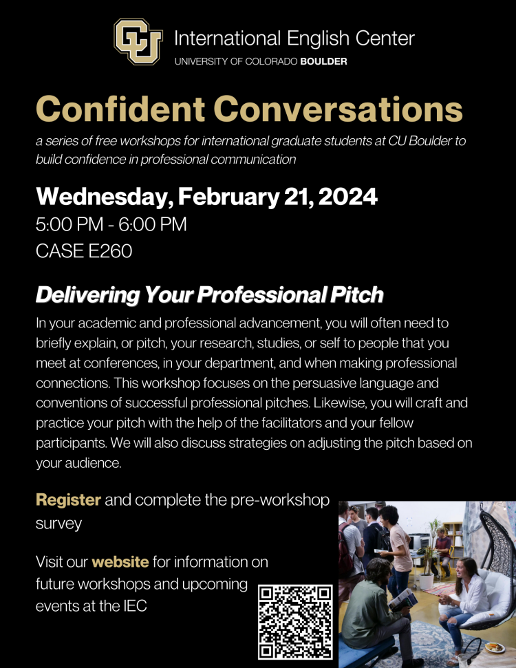 Confident Conversation flyer. Two women sitting and talking across from each other. A group of male students stand in the background.