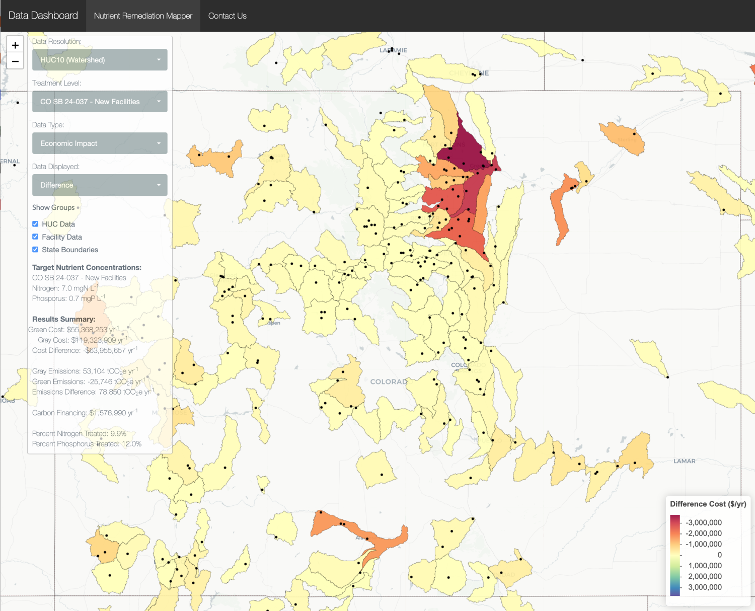 MAp that shows HUC Data, Facility Data and State Boundaries
