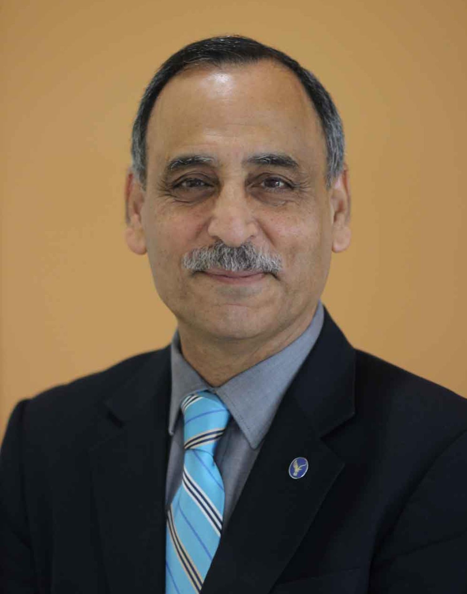 Man with short black and grey hair and mustache, blue striped tie, black jacket