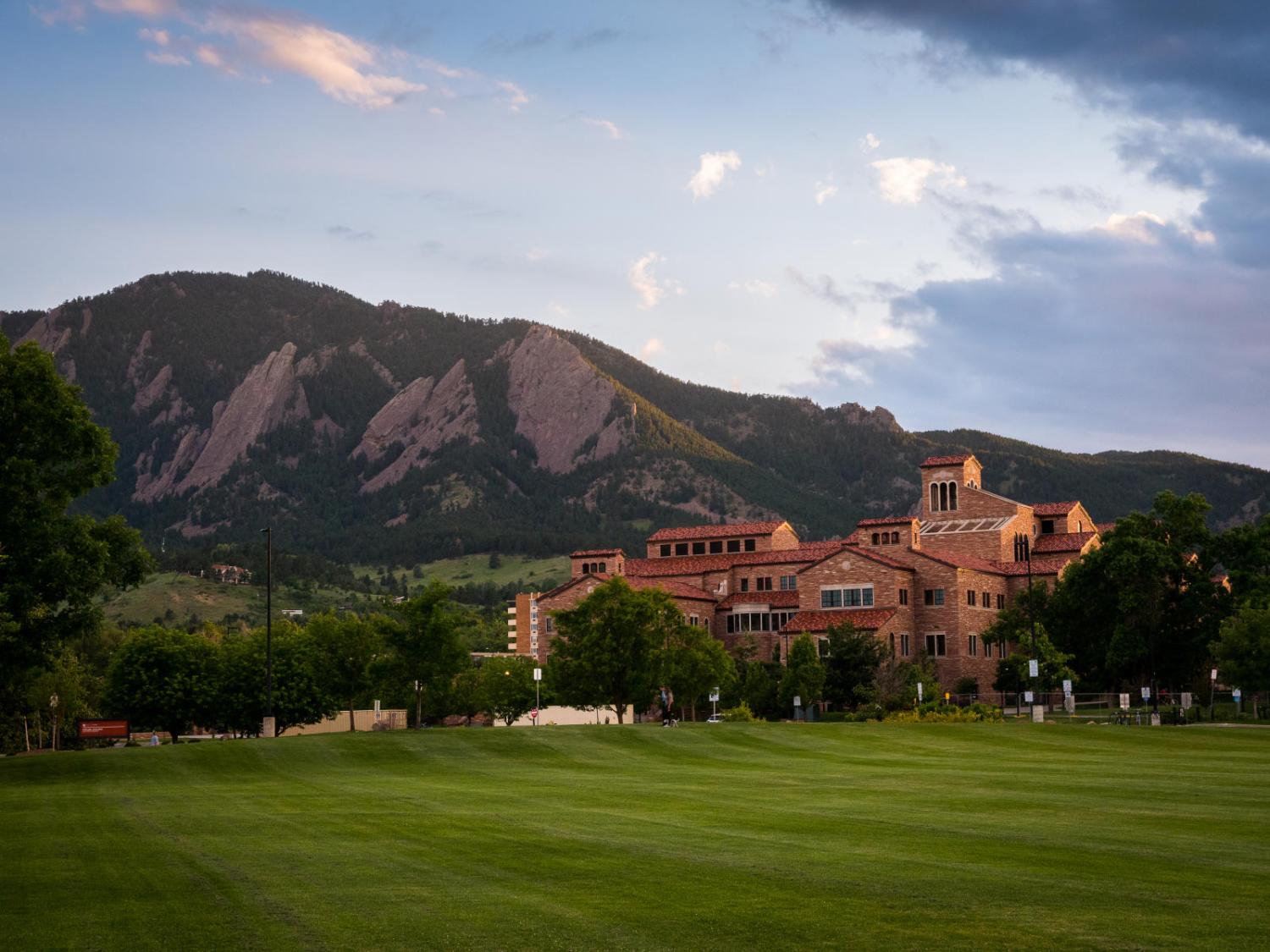 A building on campus with the Boulder Mountains in the background