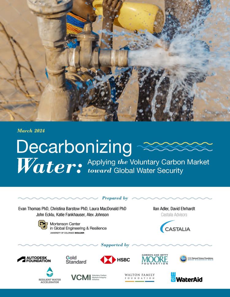 Decarbonizing Water report cover that shows blasting water and the logos for those who wrote and supported the report.