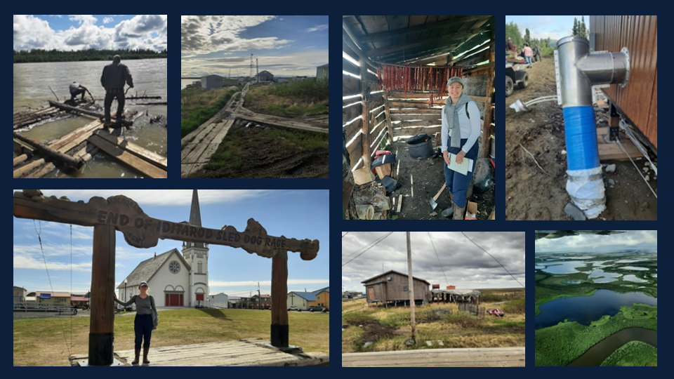 Collage of woman with long red hair working in rural Alaska