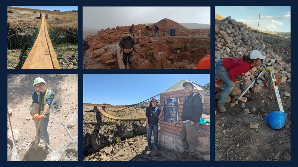 Collage of woman with short brown hair working on bridge construction sites