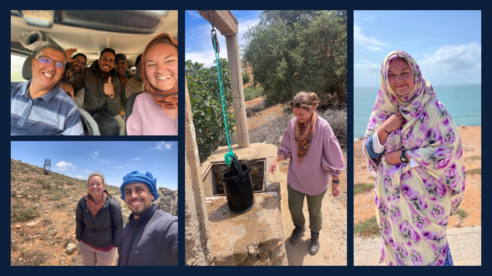 Photo collage of woman with brown hair, pulled back, in Morocco