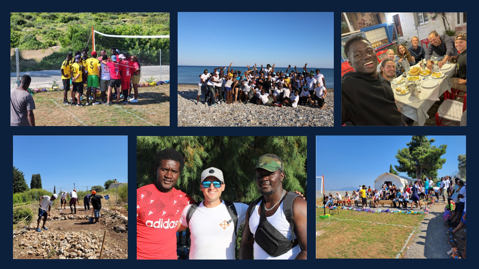 Collage of bald man with sunglasses working with refugees in Greece