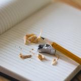 A pencil and pencil shavings rest on a notebook