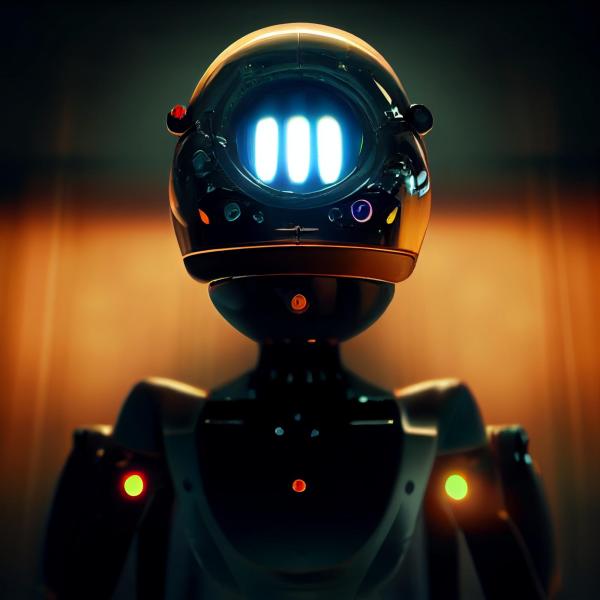 robot with three lights on its head in a dark room