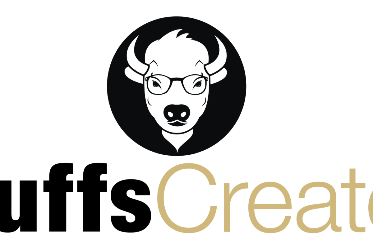 logo of a buffalo head in a black circle with the words BuffsCreate written underneath in black and gold