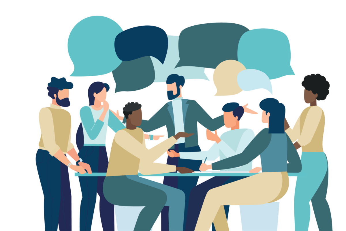 cartoon graphic of diverse people working as a group