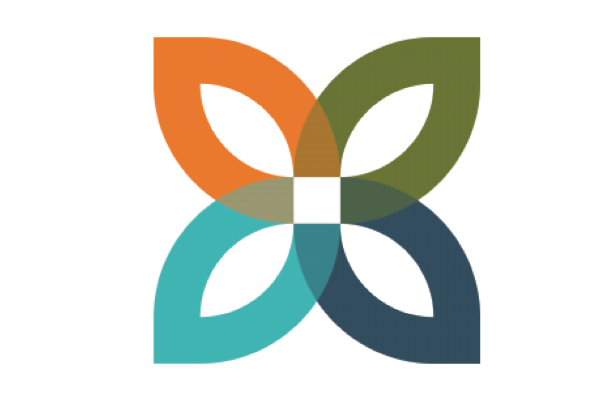 Incubator logo made up of a light blue, dark blue, green and orange flower petals
