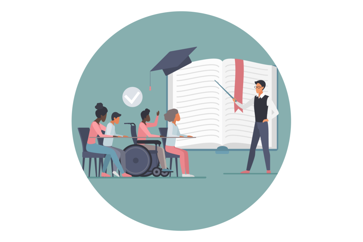 Image of professor teaching students of various abilities and identities