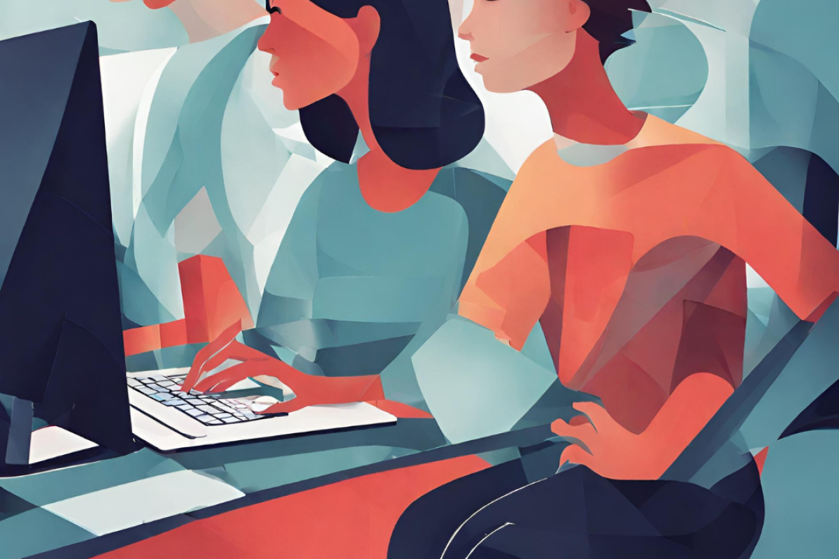 The image above was generated on Oct. 12, 2023, with Canva’s Magic Design tool using the prompt “abstract image of college students using a computer cooperating.”