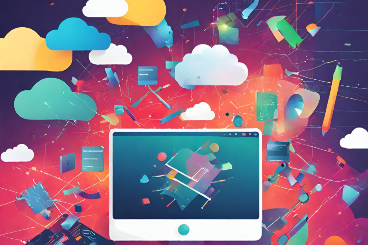 The image above was generated on Oct. 12, 2023, with Canva’s Magic Design tool using the prompt “colorful abstract image of computer with scattered data, tools, clouds.”