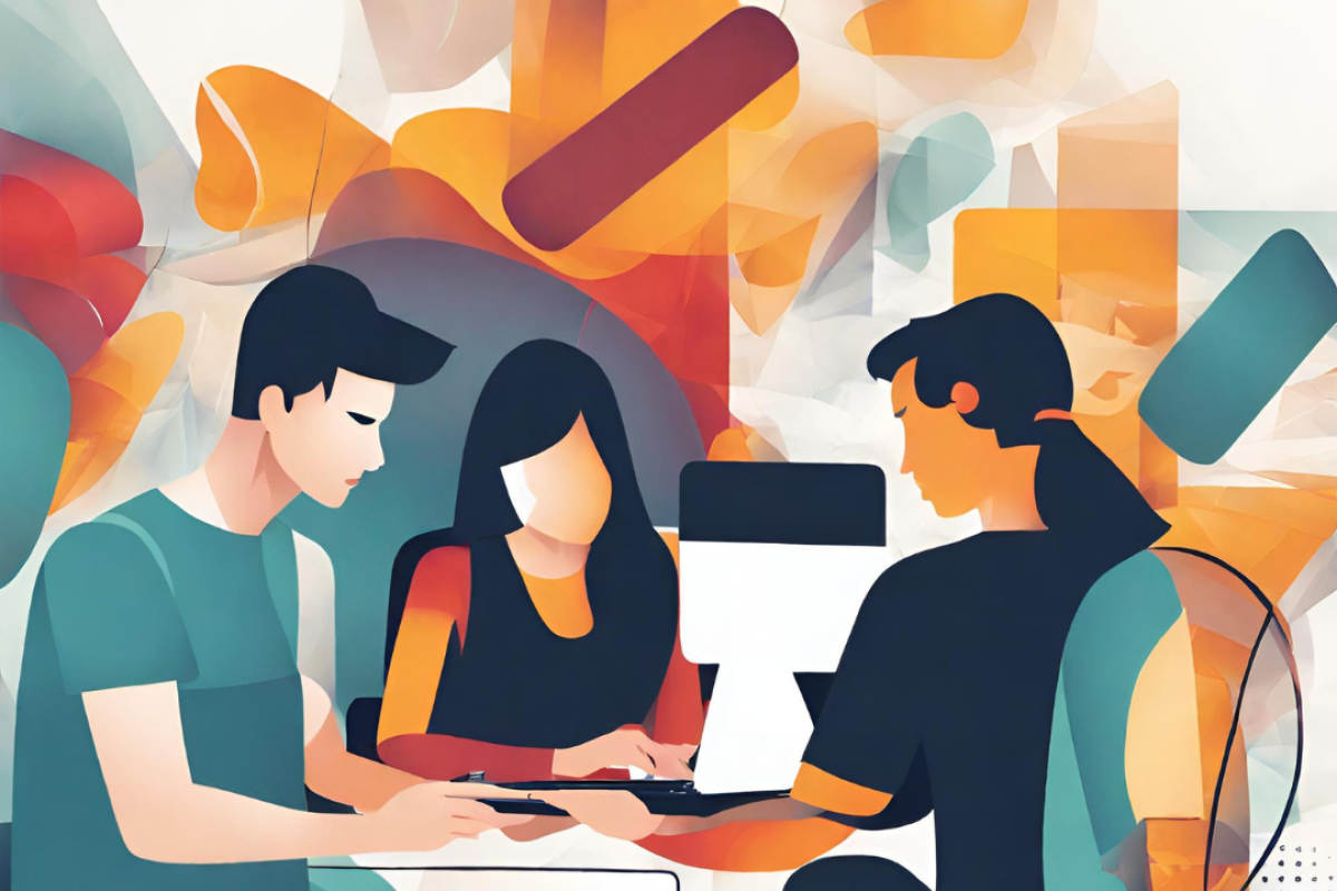 The image above was generated on Oct. 12, 2023, with Canva’s Magic Design tool using the prompt “abstract image of college students using a computer cooperating.”