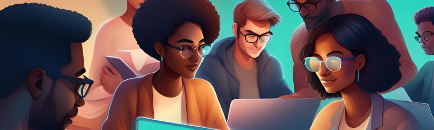 diverse people collaborate with each other using technology