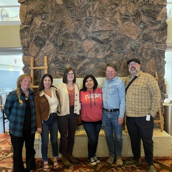 Research team with Lavern Owl (L-R): Tamar McKee (CAW), Ashlyn Barnett (CAW), Brooke Neely (CAW), Lavern Owl (Southern Paiute), Harvey Leake (Zane Grey expert and Wetherhills descendent), and Alex Garcia-Maldonado (NPS).