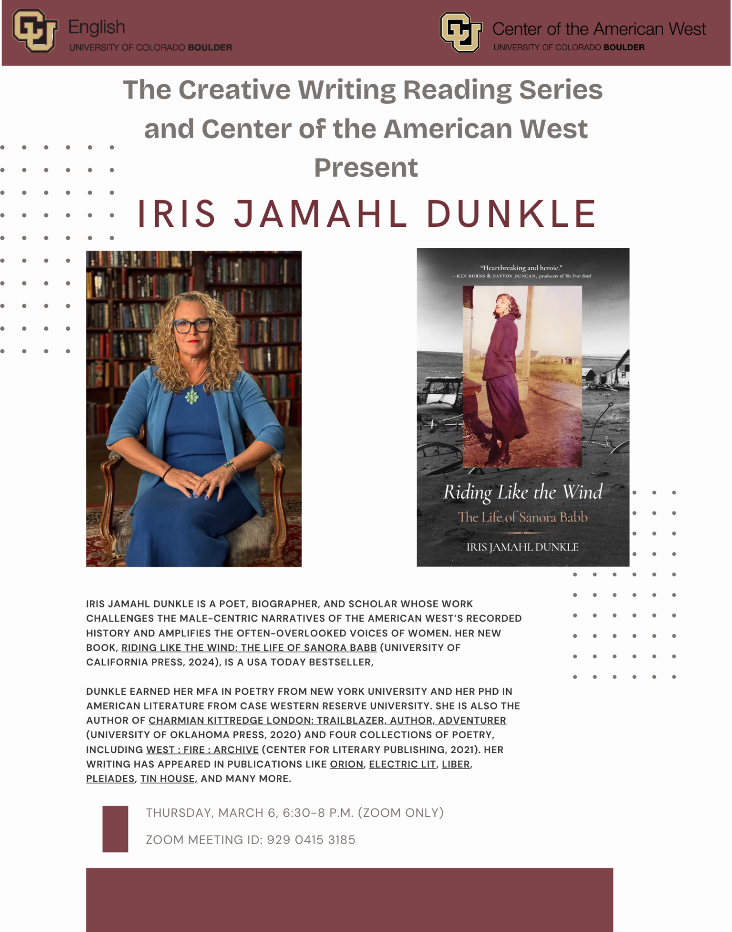 Flier for Iris Jamal Dunkle event 3-6-2025