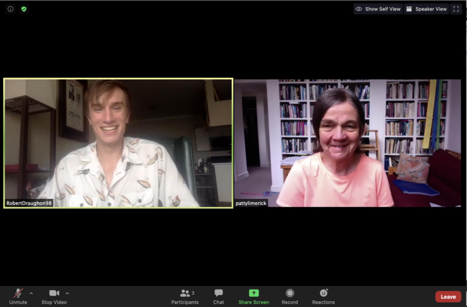 Patty Limerick and Robert Draughon on a zoom call