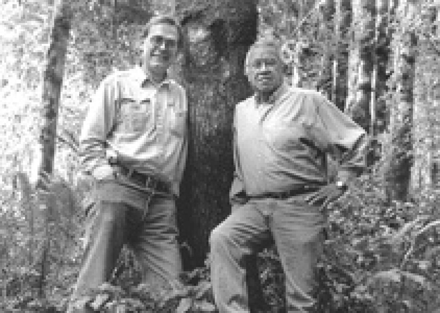 Black and white photograph of Charles Wilkinson and Billy Frank Jr.