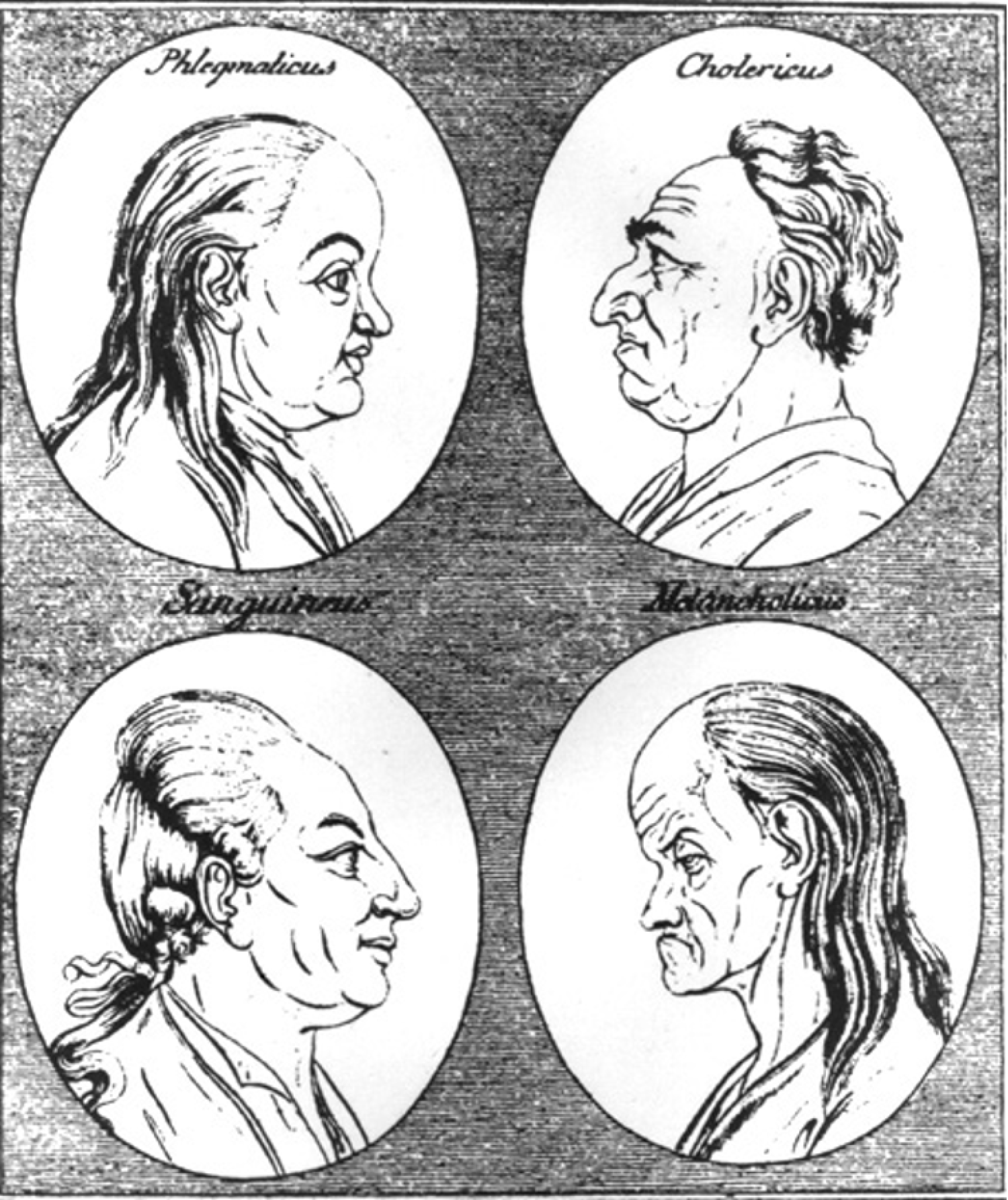 The four temperaments as depicted in an 18th-century woodcut: phlegmatic, choleric, sanguine and melancholic.