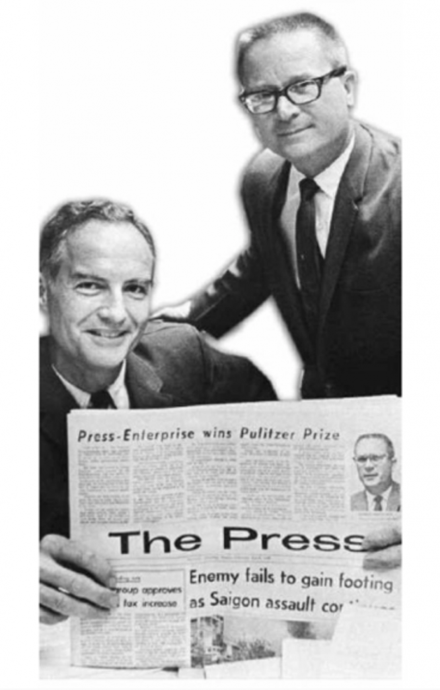 A prized day in P-E history. Editor Howard H “Tim” Hays and reporter George Ringwald display the edition announcing The Press-Enterprise’s Pulitzer Prize for meritorious service in 1968.
