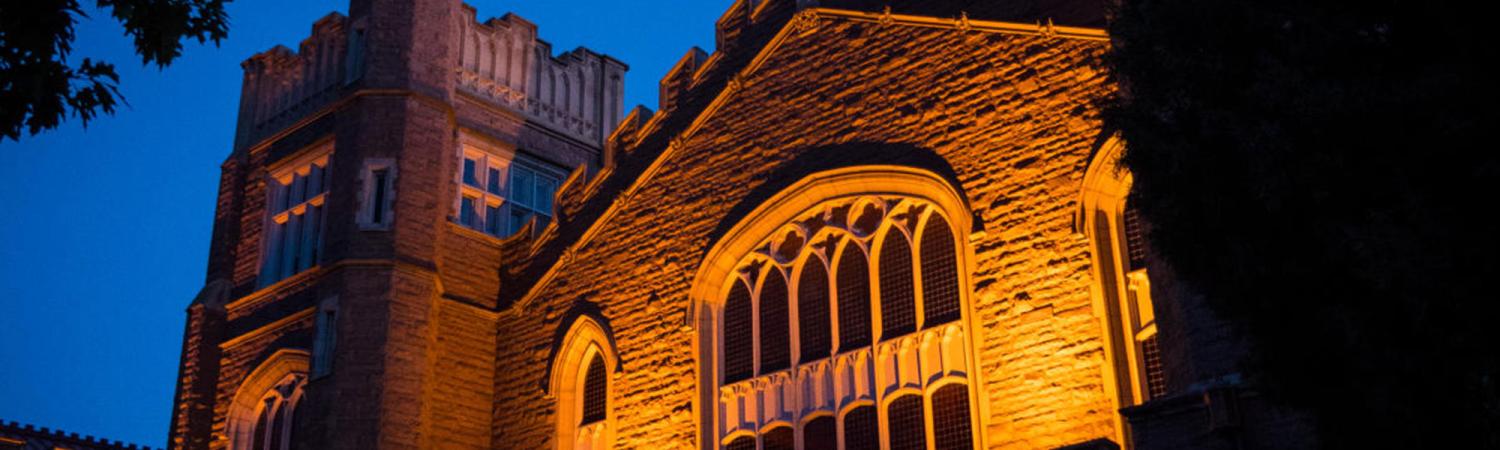 Macky Auditorium at night