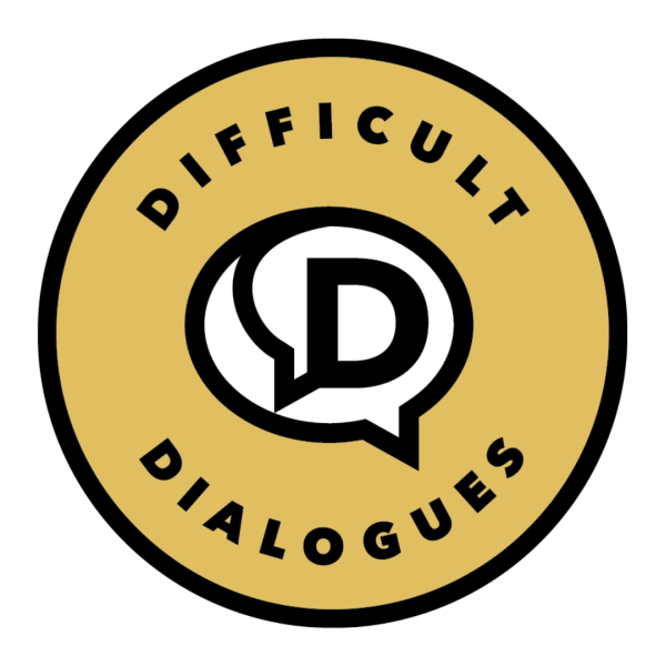 Difficult Dialogues in a circled logo, with yellow background and black text. In the center, there is a conversation bubble with the letter D.