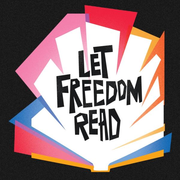 "Let Freedom Read" with black background and book graphic design