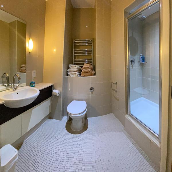 Bathroom with shower, toilet and sink