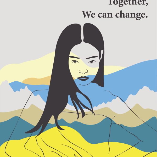 White background with accents of blue, gray, and yellow. A representation of an Asian woman (drawn) with statement "Together, We can change."