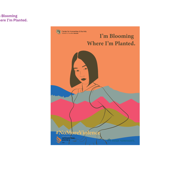 Orange background with accents of blue, pink, and yellow. A representation of an Asian woman (drawn) with statement "I'm Blooming Where I'm Planted."