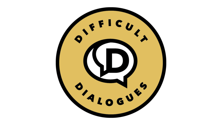 Difficult Dialogues in a circled logo, with yellow background and black text. In the center, there is a conversation bubble with the letter D.