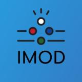 IMOD logo with blue background and white, blue, green and red dots 