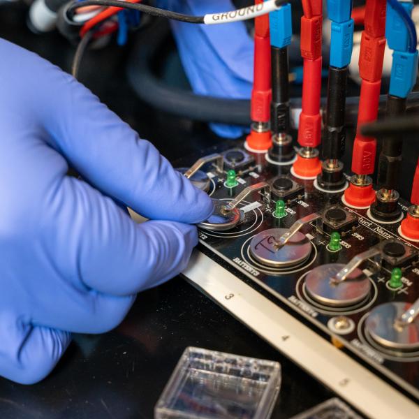 Testing of Li-ion batteries coin cell cathode materials for self-discharge durability.