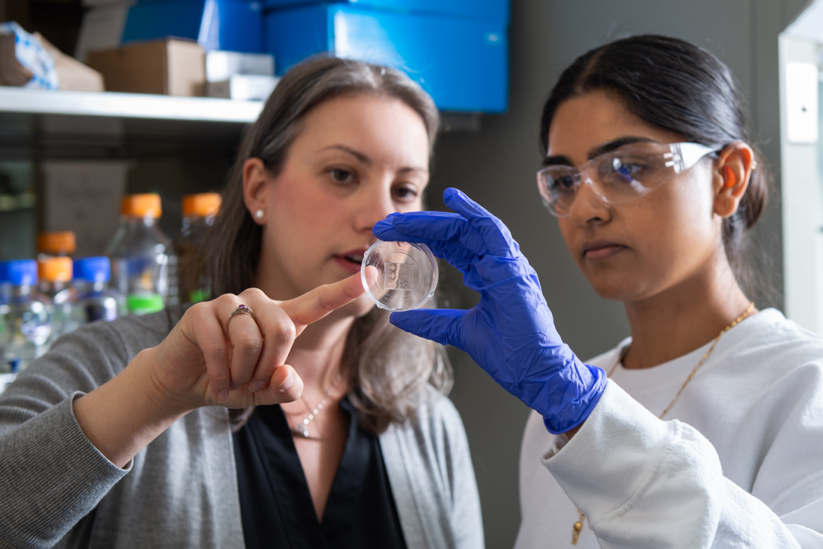 Assistant Professor Laurel Hind with a student in her lab