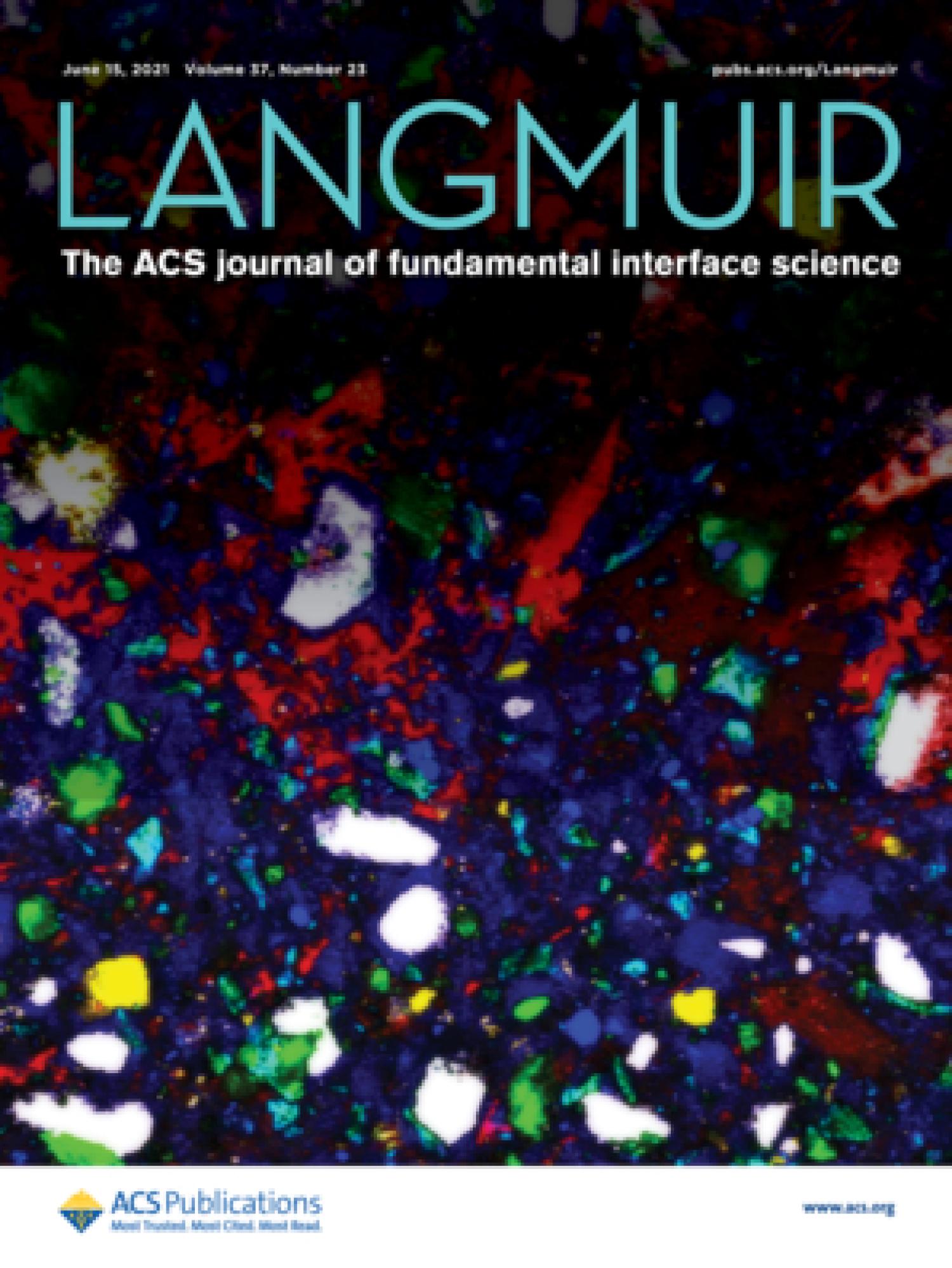 The cover of the June issue of Langmuir magazine, the ACS journal of fundamental interface science, with an image of the cement hydration process