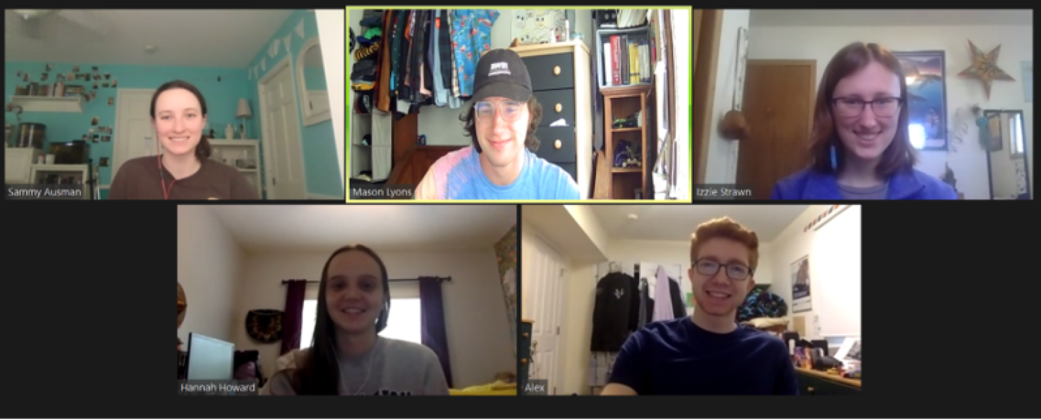 Participating students Sammy Ausman, Mason Lyons, Izzie Strawn, Hannah Howard and Alex Evenchik meet virtually on Zoom
