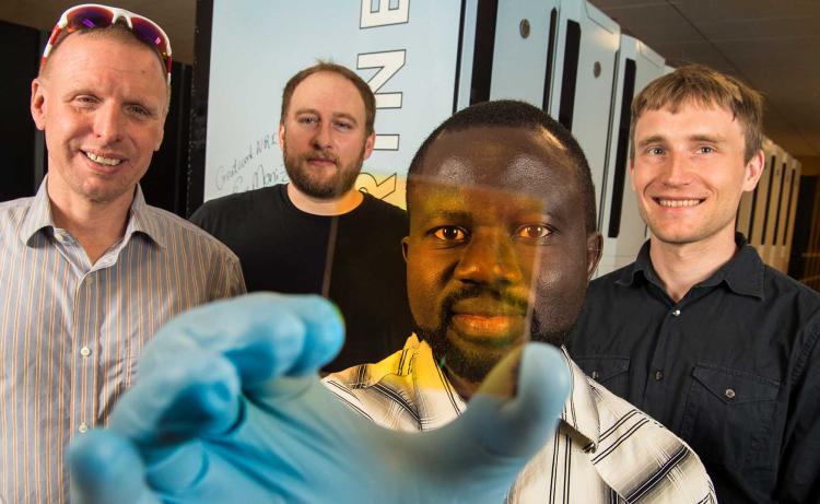 A multi-institutional team led by NREL discovered a way to create new alloys that could form the basis of next-generation semiconductors. The NREL team includes (left to right) Stephan Lany, Aaron Holder, Paul Ndione, and Andriy Zakutayev. 