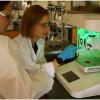 Photo caption: Morgan Riffe (left), a PhD candidate in Materials Science & Engineering, looks on while Meg Cooke, PhD, research associate in the BioFrontiers Institute, explains the 3D printing process to fabricate biomaterial scaffolds.