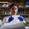 A researcher in Laurel Hinds lab holds some tubes.