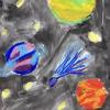 Student artwork of planets, stars and a comet in outer space