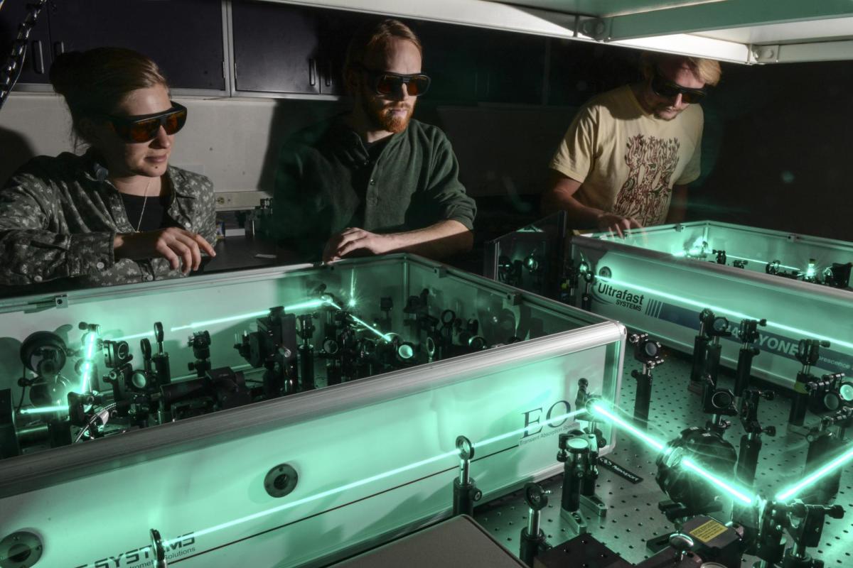 Graduate students in laser lab